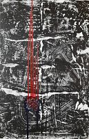Close-up of central red drips and raised circular paint cluster over black and white textured background