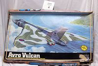 Photo of the original model kit box showing the Avro Vulcan aircraft illustration and box condition
