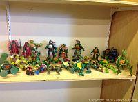 Shelf with an assortment of Teenage Mutant Ninja Turtles action figures and other characters, some standing and some lying down