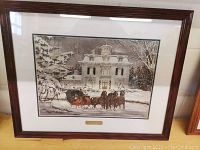 Clear photo of the framed print titled 'Sleighride' by Walter Campbell with visible brass nameplate and details of the artwork.