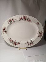 Front view of the Royal Albert Lavender Rose oval platter showing full floral pattern and shape.