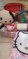 Photo showing large Hello Kitty plush, smaller pink Hello Kitty plush/keychain, red Hello Kitty bag, and part of nightgown and other items inside plastic bin.