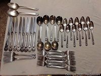 Full flatware set including 8 knives, 9 forks, and 20 spoons displayed on a flat surface.