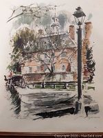 Full view of the watercolor painting depicting Governors Palace with trees, lamp post, and horse carriage.