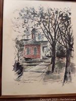 Framed artwork showing the Old Court House with trees and pathway in front, signed by John Haymson.