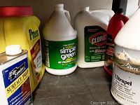 Photo showing six containers of household and garden cleaning products including Simple Green, Clorox Clean-Up, Preen, Drano, Ultrapel, and 4-Kinder Surface Prep.