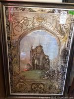 Framed colored Lord of the Rings themed wall art print showing wizard and related figures within ornate text border.