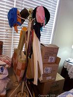 Photo showing a white metal coat rack with gold finials holding various hats, scarves, and bags; boxes labeled U-Haul and others stacked behind the rack indicating storage items.