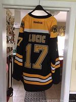 Back full view of jersey showing LUCIC nameplate and #17 in gold on black.