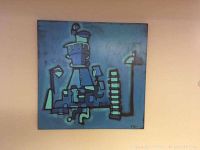 Front view of the square abstract painting on board in predominant blue tones with geometric and linear shapes.