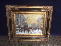 Full view of original framed oil painting showing winter street scene with buildings, cars, and people.