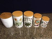 All 5 canisters side by side showing botanical designs and wooden lids.
