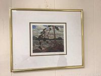 Full image of the framed and matted print depicting a landscape scene with a bent tree branch and distant hills.
