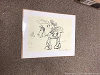 Front view of an unframed art print featuring Mickey Mouse riding a horse, holding a hat up in a cowboy style sketch.