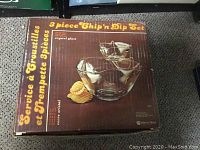 Box of 8-piece Chip'n Dip Set in crystal glass, shows contents and packaging condition with visible wear on box