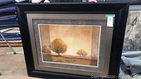 Framed landscape picture featuring trees with warm colors, mounted in grey and white double matting and a black frame.