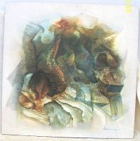 Front photo of the abstract thick oil painting showing textured brushstrokes and vibrant muted earth tones with signature.