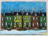 Full image of acrylic painting showing colorful row houses with leafless trees and sky background, signature visible.