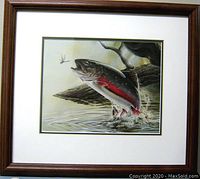 Framed sport fishing art print "Native Stock Brook Trout" by Michael Dumas showing the fish leaping out of water with a fishing fly nearby.