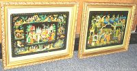 Pair of gilt wood framed Russian fantasy art prints on carpet