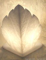 Front view of illuminated Art Deco alabaster leaf lamp showing leaf shape and veining.