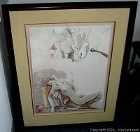 Full view of framed lithograph print showing a nude reclining female figure with violins overhead.