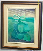 Framed oil painting showing overall appearance, including the wood frame and cream matting.