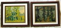 Pair of framed Lawren Harris prints 'Early Houses' and 'Montreal River' shown side by side on white background.