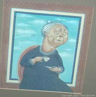 Close-up of the art print showing an elderly woman holding a teacup, signed by Anita Kunz.