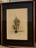 Full view of framed etching showing frame, mat and glass coverings