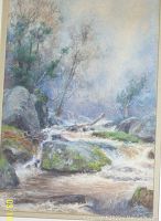 Close-up of the watercolor painting showing the rocky stream and trees, signed HZH 1894.
