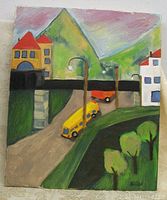 Front view of the Barry Woo oil painting showing the village scene with road, bridge, houses, and hills.