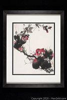 Front view of the framed Japanese sumi-e ink wash painting showing black and red floral composition, matted and framed in dark wood.