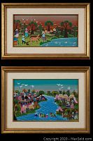 Photo showing two naif style folk paintings together, custom framed in gold frames with beige mats, colorful rural and village scenes.