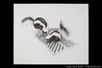 Black and white print showing two skunks near a grate, unframed.