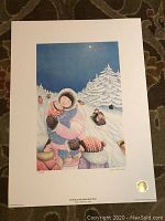 Full view of signed and numbered limited edition print showing mother and child in winter scene with sledding children, signed by artist Alberto De Castro and numbered 413/450