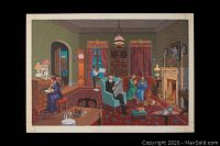 Full view of original illustration on heavy poster board showing a Victorian living room interior with figures and furniture.