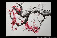 Front view of original ink and acrylic brush painting depicting cherry blossoms on tree branches, showcasing the artistic style and color.