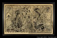 Full view of framed brass rubbing artwork depicting medieval religious scene.