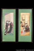 Full view of both framed Japanese prints against a black background, with green matting and wooden frames.