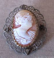 Front view showing detailed shell cameo of female profile with saw-toothed silver-tone filigree frame and four clear stones.