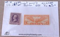 Photo of two US stamps: a 3 cent purple stamp with Jackson portrait, dated 1888, MLH; and a 6 cent orange US Air Mail stamp with eagle design, on white backing paper with handwritten notes.