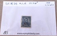 Photo of the 1908 U.S. #315 Lincoln stamp mounted on a labeled card with some details and website info.