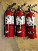 Three Amerex Model B500 5lb fire extinguishers standing side by side, showing front labels and handles.