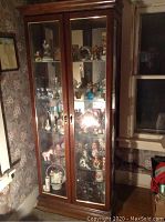 Front view of cabinet showing glass doors, wood frame and interior light