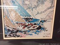 Close-up image of art print showing sailboats in motion with water and map-like background details, featuring colors blue, tan, brown, and black.