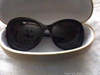 Front view of black oval sunglasses with dark lenses inside protective case.