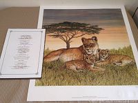 Full view of the signed print showing the lioness and cubs, and accompanying Certificate of Authenticity.