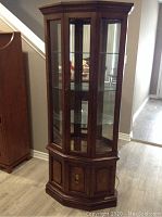 Full view of tall wooden display cabinet with glass shelves and mirrored back, wood-paneled lower door with brass handle