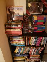 Medium-tone wooden bookshelf filled with stacks and rows of children's and young adult books, including larger books on the top shelf and smaller paperbacks below.
